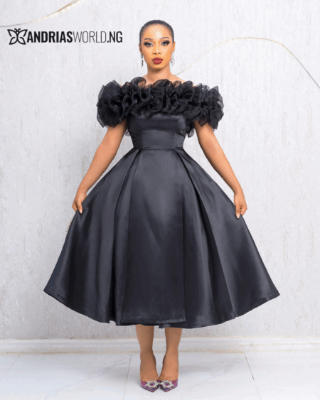 BLACK MIKADO SKATER DRESS WITH ORGANZA